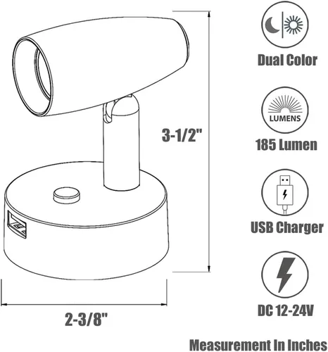 Miniatura 7 de Luz de lectura para RV de 12V, foco LED giratorio con cargador USB rápido y luz nocturna azul, luz de lectura para dormitorio de caravana/remolque