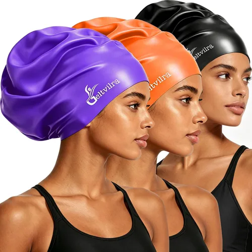 Miniatura 7 de Paquete de 3 gorros de natación extra grandes para trenzas y rastas de cabello largo, negro, mujeres y hombres, natación, silicona, impermeable