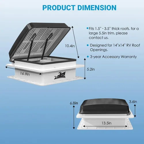 Miniatura 7 de Ventilador de techo para RV de 14" silencioso con motor de menor ruido, ventilación permanente de nivel de soporte reversible Max Air para techo