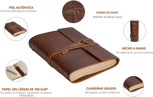 Miniatura 2 de Cuaderno de cuero rústico hecho a mano, vintage, para hombres y mujeres, papel en blanco, 300 páginas, cuaderno de bolsillo, diario para escribir