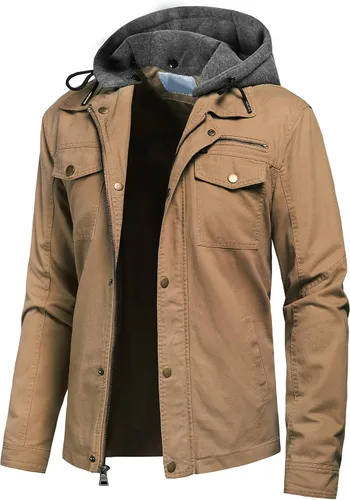 Miniatura 22 de Pursky Chaqueta de lona de algodón militar casual para hombre con capucha desmontable