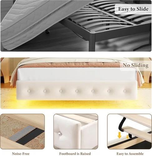 Miniatura 6 de Keyluv Base de cama Queen con cabecera tapizada con patrón de mariposa, moderna cama flotante con luces LED, botón copetudo en cabecero y estribo