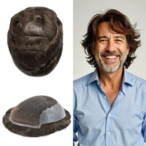 Miniatura 102 de Toupee - Sistemas de reemplazo de cabello para hombre, encaje frontal suizo, nudo blanqueado, pieza de cabello humano natural 1# negro azabache, 8 x