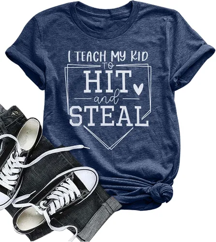 VILOVE Camiseta de béisbol con texto en inglés "I Teach My Kids to Hit and Steal", camiseta de béisbol para mamá, camiseta de béisbol con corazón