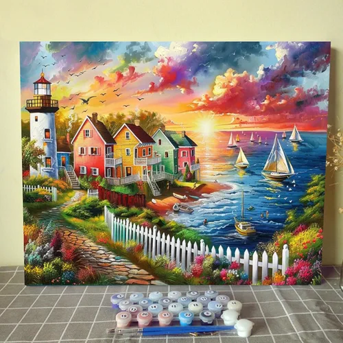 Miniatura 19 de Kit de pintura al óleo para ventana de playa, paisaje, por números, 16 x 20 pulgadas, lienzo, flores, paisaje, bricolaje, pintura al óleo para Pbn
