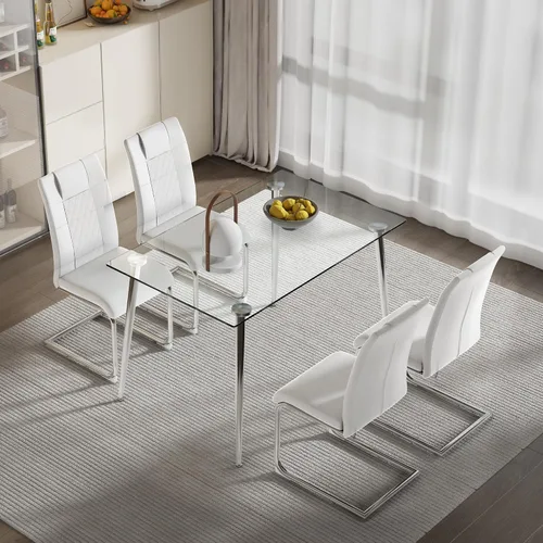 Miniatura 19 de Juego de mesa de comedor en blanco y negro de 51 pulgadas para 4, mesa de cristal minimalista moderna y 4 sillas tapizadas de piel sintética