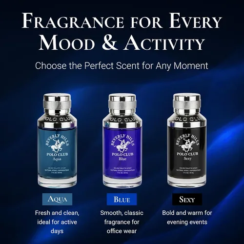 Miniatura 4 de Beverly Hills Polo Club Set de regalo de Eau de Toilette para hombre, colección Slider de 3 piezas (aguamarina, azul y sexy), trío de fragancias EDT