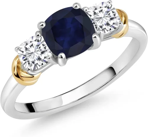Plata de ley 925 y oro amarillo de 10 quilates, zafiro y moissanita, 3 piedras, anillo de promesa de aniversario de boda (1.94 quilates, piedra