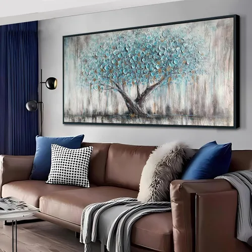 Miniatura 19 de Arjun Lienzo artístico para pared de árbol de la vida para sala de estar, pintura de árbol azul y verde azulado, 50% pintada a mano, imagen