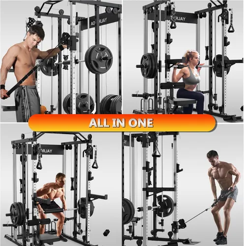 Miniatura 3 de Smith - Estante para sentadillas de entrenamiento de fuerza con barra Smith, jaula de potencia con sistemas de extracción LAT, máquina cruzada
