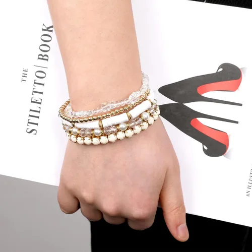 Miniatura 5 de Pulseras de cuentas de arcilla, pulseras de cristal con cuentas de varias capas, bohemio, blanco y rosa, juego de pulseras para mujer