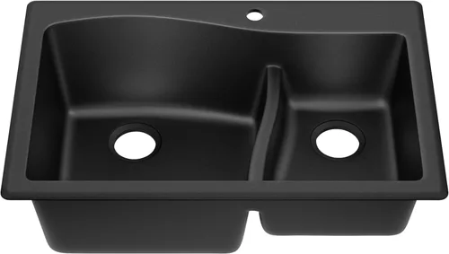 Kraus Quarza - Fregadero de cocina de doble seno 60/40 de granito de instalación empotrada/sobre encimera, 33 pulgadas, color negro, KGD-442BLACK