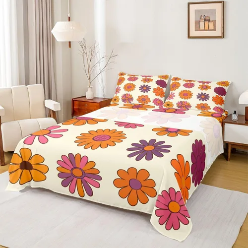 Miniatura 23 de Juego de sábanas para niñas, tamaño individual, diseño floral bohemio de los años 60 y 70 años, diseño hippie kawaii, decoración de habitación