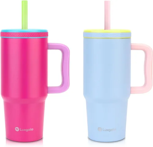 Miniatura 8 de Taza para niños de 24 onzas con asa, tapa de rosca a prueba de fugas con pajita de silicona extraíble, a prueba de derrames, botella aislada