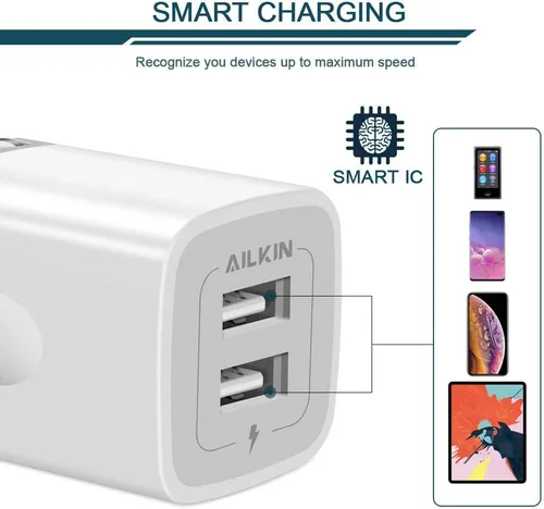Miniatura 3 de Cargador de pared USB, adaptador de cargador plegable, AILKIN 2 unidades de 2.4 amperios de doble puerto de cargador rápido, cubo de enchufe de CA