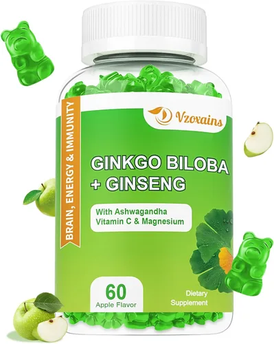 Gomitas de ginkgo biloba de 240 mg con ginseng y magnesio, suplementos de ginko biloba gomitas para concentración cerebral, estado de ánimo y