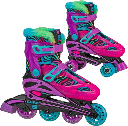 Roller Derby Falcon 2 en 1 Combo Quad y Patines en línea para niños, tamaño ajustable Cebra Neón