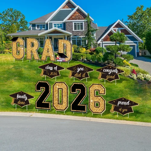 Miniatura 7 de Aneco Letreros impermeables de plástico para patio de graduación 2026, decoraciones de césped al aire libre, 16 pulgadas, purpurina con estacas