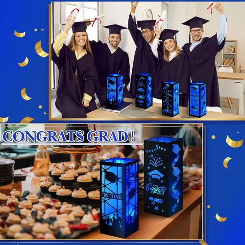 Miniatura 6 de Feifeiya 4 piezas de centros de mesa de graduación 2026, faroles de mesa de graduación de clase 2026 con tira de luces LED para felicitaciones, Azul
