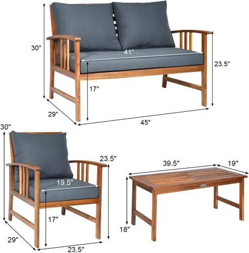 Miniatura 6 de Tangkula - Juego de muebles de madera de 4 piezas para patio o exteriores, banco, mesa y dos sillas, con cojines