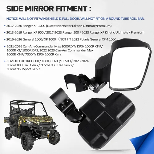 Miniatura 2 de UNIGT UTV - Espejos retrovisores compatibles con Polaris Ranger 570 900 XP 1000/Can-Am Defender Pro-Fit 2015+ espejos laterales separables