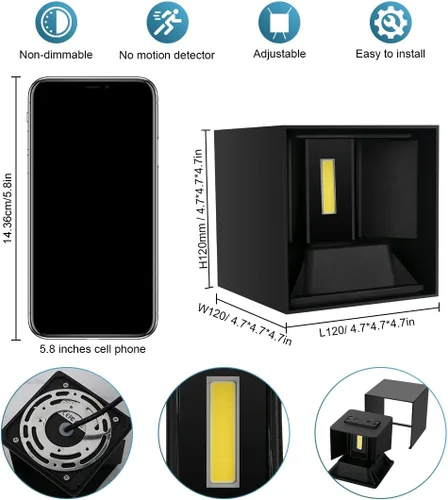 Miniatura 3 de BIRTALO - Luces LED de 20 W para exteriores de 20 W, ajustables, 6500 K, moderno aplique de pared cuadrado, impermeable, de aluminio negro
