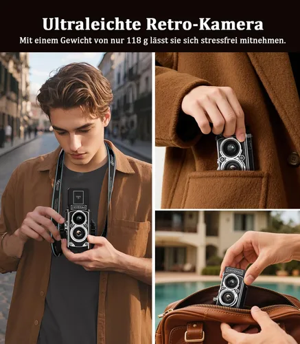 Miniatura 6 de Cámara digital retro de Chuzhao, cámara vintage portátil estilo TLR de doble lente, 12MP con enfoque automático, 1080P FHD, cámara de apuntar
