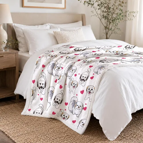 Miniatura 3 de BlessLiving Manta de sherpa con diseño de Shih Tzu - Manta súper suave, acogedora y cálida con corazones rojos, manta de felpa gruesa y mullida