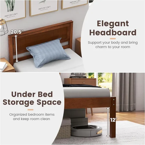 Miniatura 7 de KOMFOTT Marco de Cama de Madera Tamaño Twin con Cabecero, Marco de Cama de Madera Maciza con Soporte de Listones, Almacenamiento Debajo de la Cama