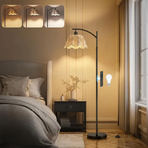 Miniatura 12 de Oneach Lámpara de pie arqueada para sala de estar, lámpara de pie de ratán boho con pantalla tejida a mano, interruptor a pedal, base y poste de Oro