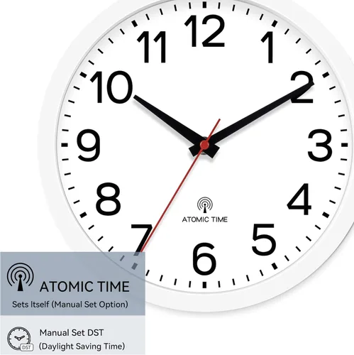 Miniatura 5 de AKCISOT Reloj de Pared Atómico de 10 Pulgadas Relojes Analógicos para Cocina Interior - Reloj Silencioso Operado con Batería para Dormitorio Oficina