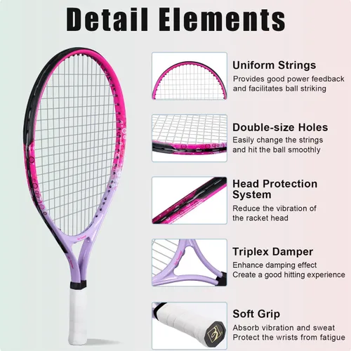 Miniatura 4 de bo'weiqi Raqueta de tenis para niños de 17"-25" para edades de 2-12 años, raqueta de tenis juvenil ligera para niñas y niños, deportes al aire Rosa