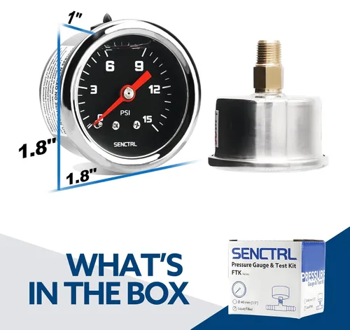 Miniatura 2 de SENCTRL Kit de manómetro de presión de combustible de 15 PSI para línea de combustible de 3/8, esfera negra, motores de carburador, motores