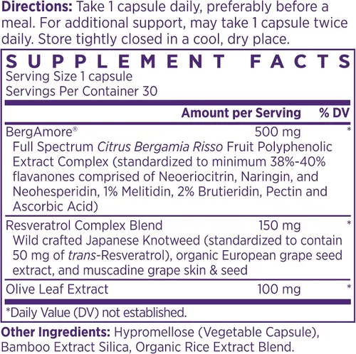 Miniatura 2 de NAOMI Bergamota Cítrico Italiano 500mg + Resveratrol, Desarrollado por un Cardiólogo Premiado, Apoya el Colesterol Normal y la Función Celular