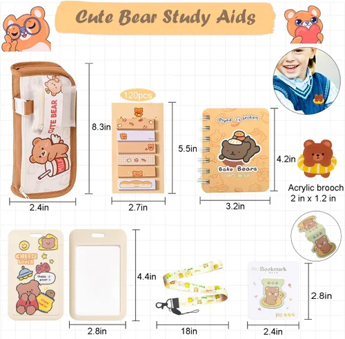 Miniatura 5 de Juego de 406 piezas de artículos de papelería de oso lindo, suministros de oficina Kawaii, incluye un divertido estuche para lápices, bolígrafos