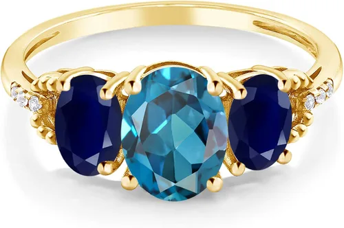 Miniatura 2 de Gem Stone King Anillo de compromiso ovalado de oro amarillo de 10 quilates con topacio azul Londres y zafiro azul para mujer