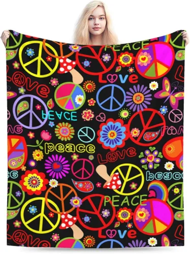 Miniatura 9 de Divertida y colorida manta hippie de paz y amor, mantas suaves de franela manta para cama acogedora y ligera de felpa regalos para mujeres, hombres