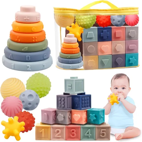 Montessori Juguetes para bebés de 6 a 12 meses, juego de bloques suaves para bebés, bloques de construcción apilables 3 en 1, juguetes de dentición,