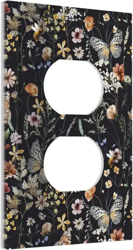 Placa de Tomacorriente Dúplex de 1 Gang con Hojas de Flores Vintage, Fondos Oscuros Decorativos, Cubiertas de Tomacorriente de Arte con Mariposas,