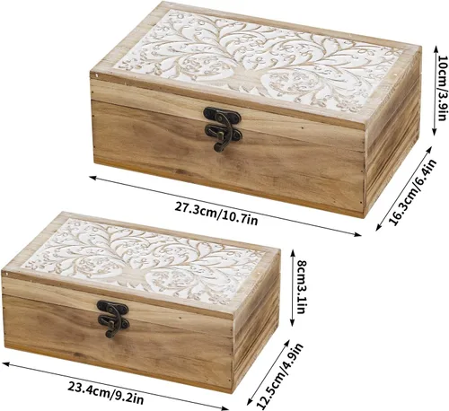 Miniatura 7 de 2 cajas de recuerdo de madera tallada con tapa con árbol de la vida, cajas de almacenamiento decorativas para decoración del hogar, caja