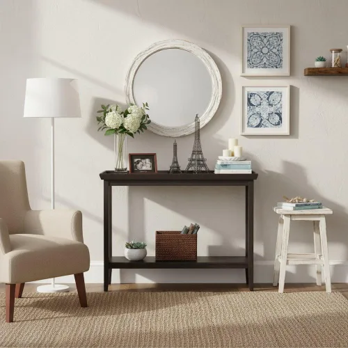 Miniatura 2 de Furnifact Mesa consola de pasillo con repisa elevada, patas de madera maciza cónicas, mesa de acento de entrada, acabado negro duradero