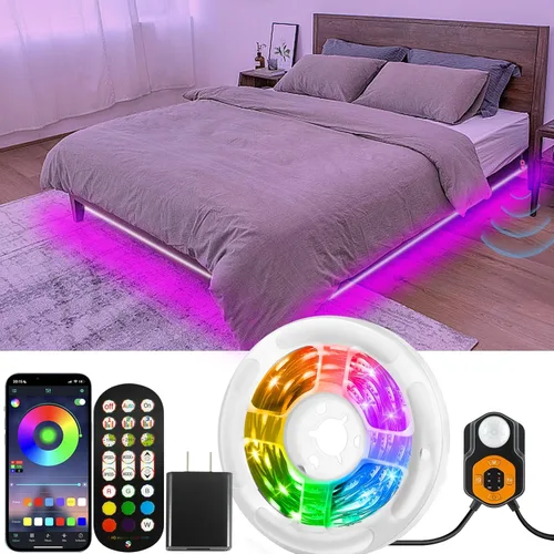 Tira de luces LED con sensor de movimiento Auplf 19.68 pies de luces debajo de la cama, luz de cama RGB con activación por movimiento de 3 modos con