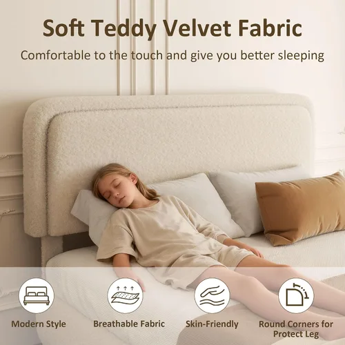 Miniatura 4 de Base de cama tamaño Queen, marco de cama de terciopelo Teddy Boucle con cabecera tapizada ajustable de 43.3"/45.3", esquinas redondeadas, base