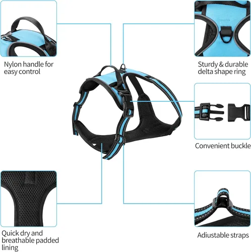 Miniatura 3 de Arnés azul para perro sin tirones con 2 clips para correa, chaleco acolchado suave para perros grandes, chaleco reflectante ajustable para perro