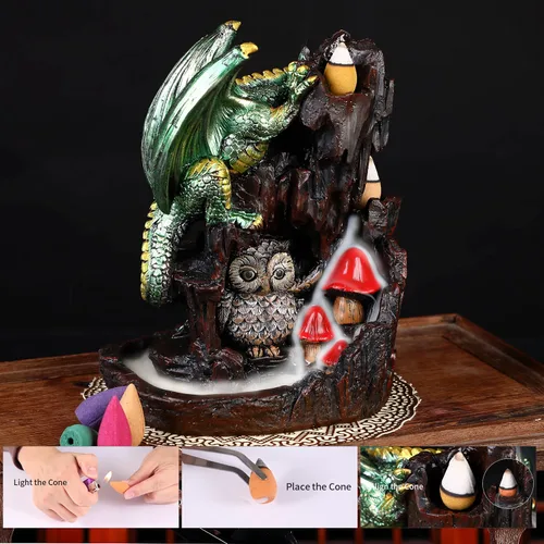 Miniatura 5 de Dragon Backflow - Quemador de incienso de 2 caras en cascada de montaña, soporte de incienso de humo con conos de incienso de reflujo, pinzas, Verde