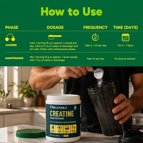 Miniatura 6 de Organika Polvo de creatina, monohidrato de creatina micronizada 100% pura, ayuda a desarrollar músculo magro, aumentar la fuerza y mejorar