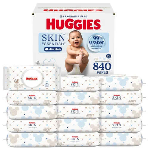 Huggies Skin Essentials Toallitas para bebés, hipoalergénicas, 99% agua, 15 paquetes con tapa abatible (840 toallitas en total)