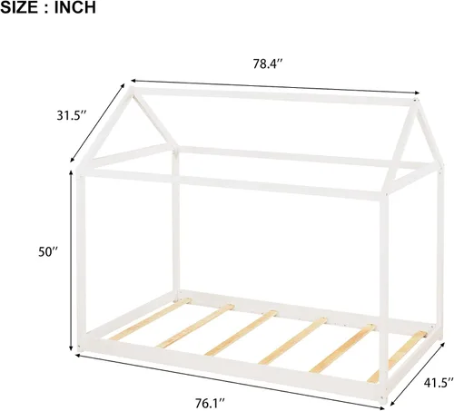 Miniatura 2 de SOFTSEA Cama de piso individual para niños, cama individual con techo (gris, Twin-House)