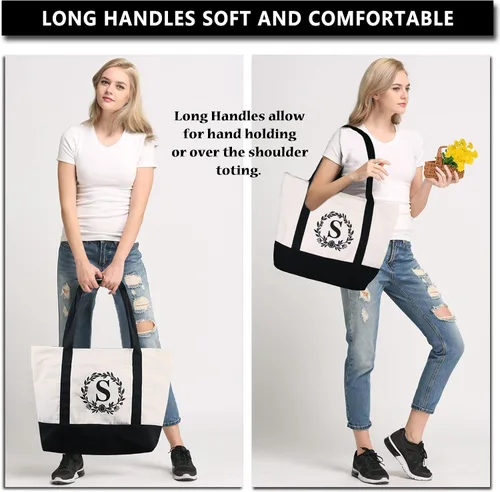 Miniatura 4 de BeeGreen Bolsa de mano con inicial para mujeres madres profesores bolsas de mano personalizadas para boda playa lona de 12 onzas gran bordado
