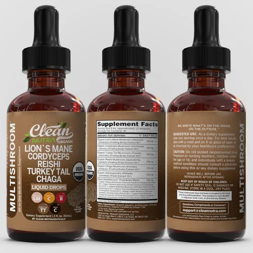 Miniatura 8 de Gotas líquidas de suplemento de hongos orgánicos de Mane de León + mezcla compleja de hongos en polvo de Cola de Pavo, Cordyceps, Reishi, Chaga